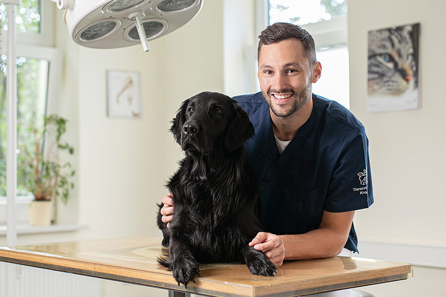 Tierarzt im Kreis Schleswig-Rendsburg | Mit ruhiger Hand und fachlicher Kompetenz kümmert sich Sebastian Genz um Hunde aller Größen – hier mit einem Flat Coated Retriever auf dem Behandlungstisch