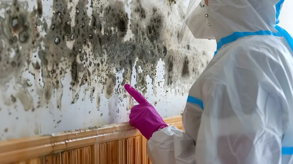 Woman in hazmat suit pointing at moldy wall for inspection and cleaning. Concept Home Maintenance, Mold Inspection, Cleaning Hazmat Suit, Household Concerns