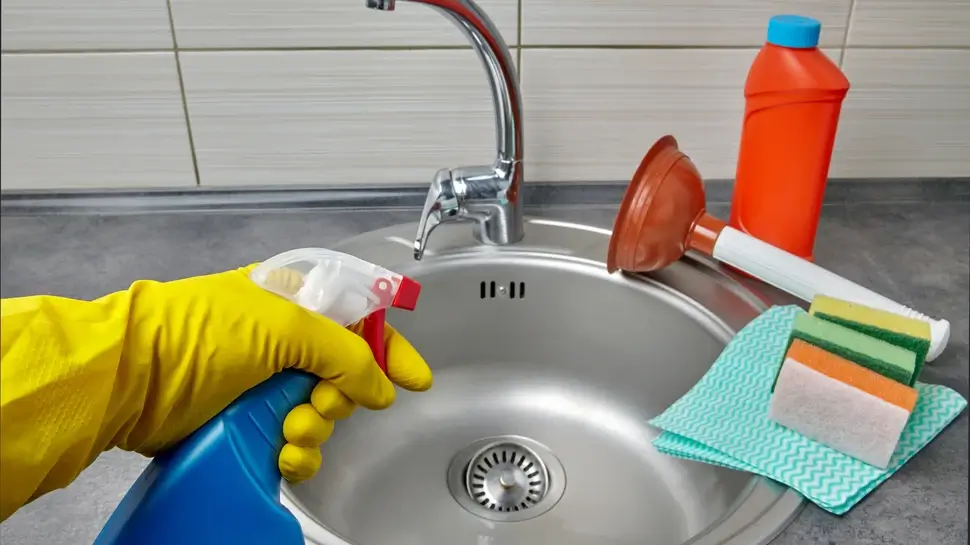 Hands in yellow rubber gloves hold a spray bottle with cleaning agen