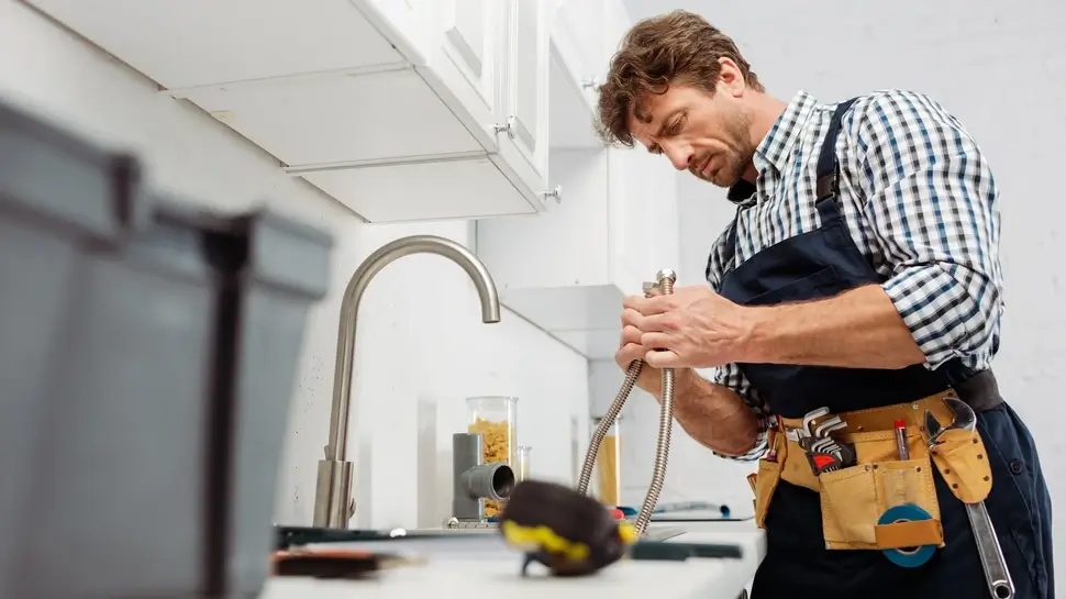 Selective focus of plumber holding metal pipe near kitchen faucet and tools on worktop