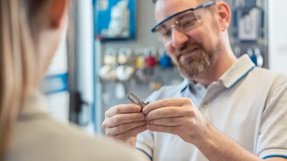 Schlüsselmacher zeigt einer Kundin Schlüssel Rohlinge Notschlüsseldienst Uelzen | Neuanfertigung Schlüssel