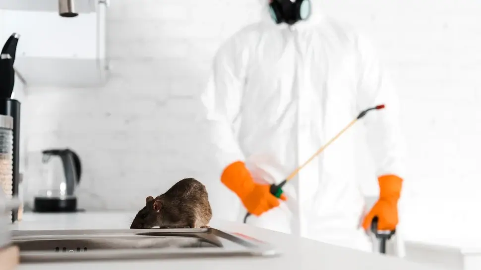 selective focus of rat near sink and exterminator with toxic spray in hand Schädlingsbekämpfung Rosengarten | Ratte bei Spüle, Kammerjäger im Hintergrund
