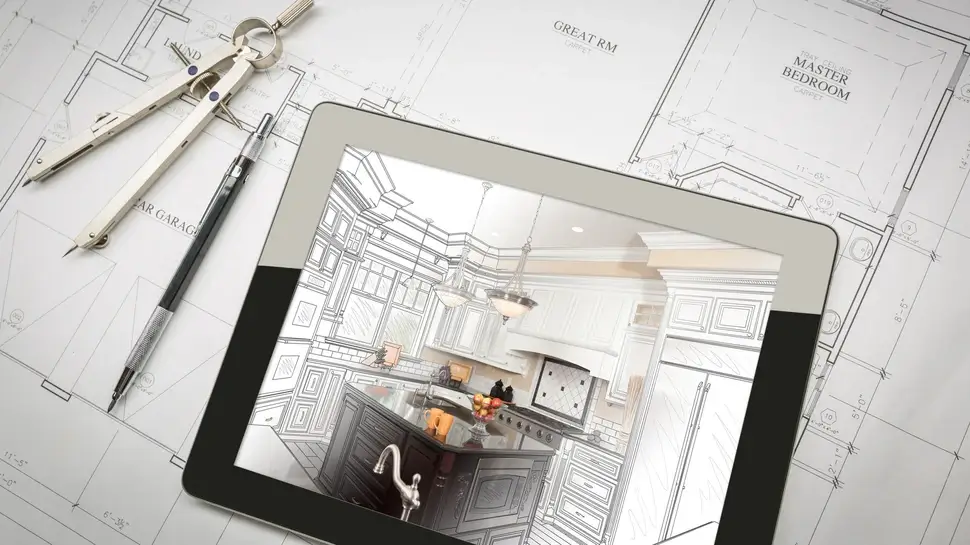 Computer Tablet Showing Kitchen Illustration On House Plans, Pencil, Compass Traumküche kaufen Münster | Computer Tablet zeigt Illustration einer Küche auf Grundriss Haus, Bleistift, Zirkel