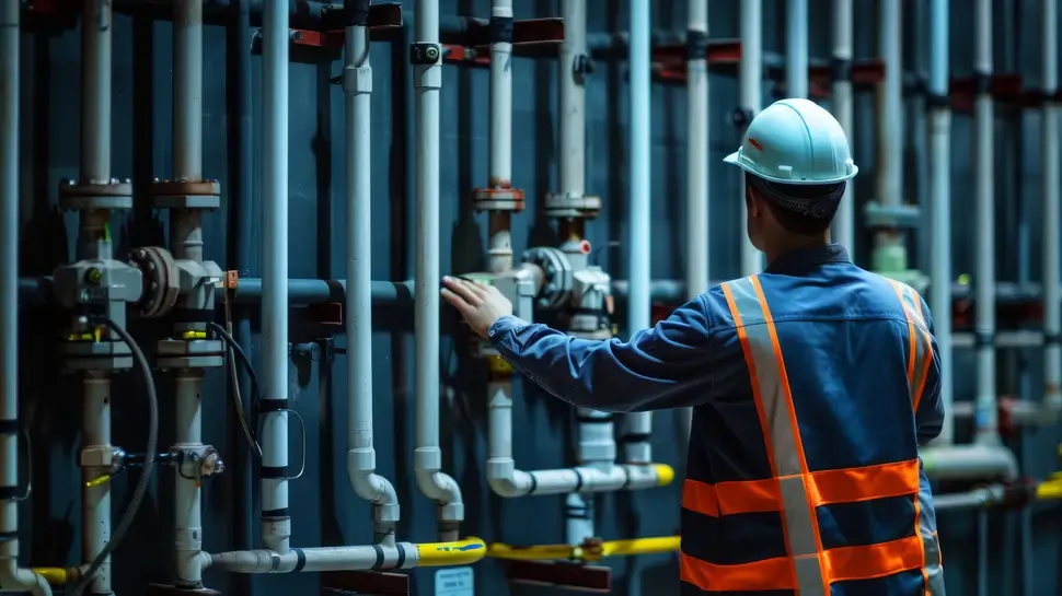 Engineer in hard hat and safety vest inspecting plumbing pipes in a technical control room Rohrtechnik Kappeln | Techniker arbeitet an Wand mit vielen Rohren