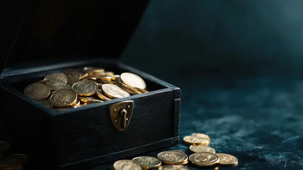 A treasure chest filled with glimmering gold coins against a dark, mysterious background, symbolizing wealth, fortune, and hidden treasures. Goldmünzen | Münzschatulle mit Goldmünzen innerhalb und außerhalb