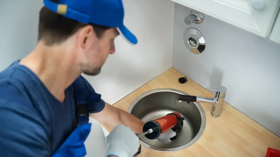 Plumber Cleaning Drain And Sink Rohrreinigungsservice Havixbeck | Techniker reinigt verstopften Geruchsverschluss