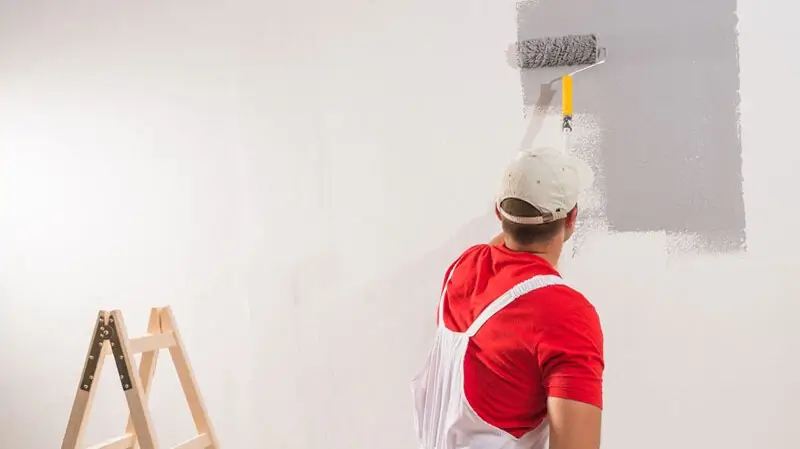 Maler Halle | Maler streicht Wand grau Maler Halle | Maler streicht Wand grau