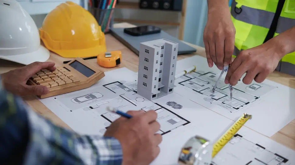 A team of engineers and architects discuss house plan design and estimate construction prices to suit the construction budget. Checking blueprints and documents with a team of engineers and architects Ingenieurbüro Gera | Ingenieure messen ab