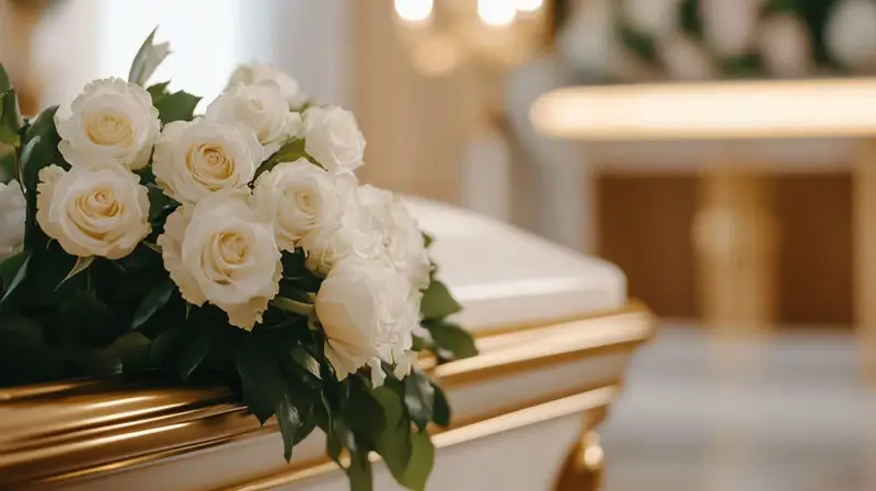 Bestattungsvorsorge Kiel | Blumen auf einem Sarg in der Kirche Bestattungsvorsorge Kiel | Blumen auf einem Sarg in der Kirche