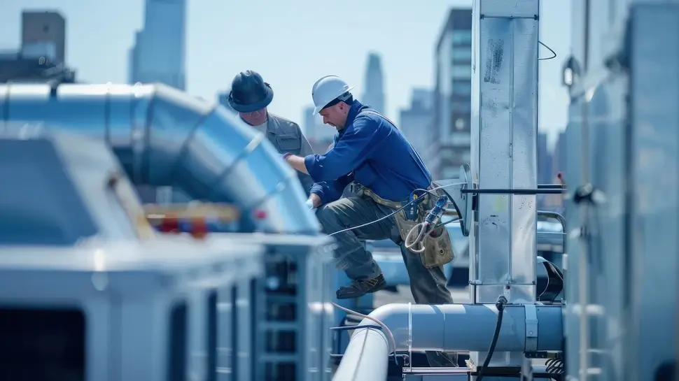 Construction workers install and maintain HVAC pipe systems on the roof of a building. Rohrtechnik Kappeln | Techniker installieren und warten Heiz-, Lüft- und Klimasystem