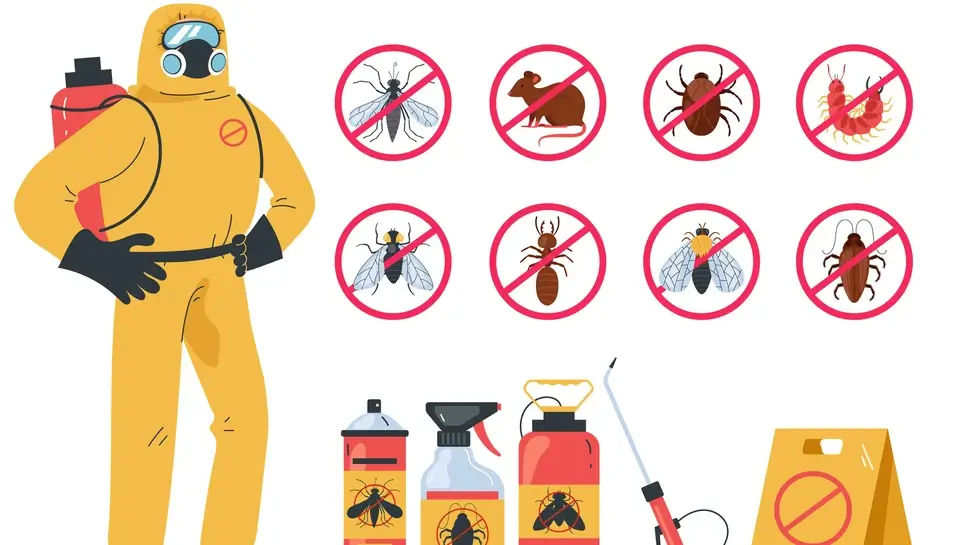 Pest control insect service disinfection poison isolated set. Vector flat graphic design illustration Schädlingsbekämpfung Jever | Grafik Kammerjäger, Pestizide, durchgestrichene Schädlinge