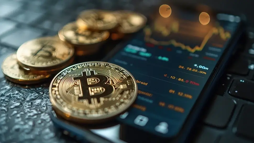 Finance technology displaying a cryptocurrency wallet interface on a phone Münzen und Edelmetalle verkaufen | Bitcoin als Münzen auf Smartphone und Laptop