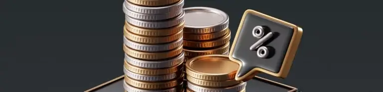 Münzen und Edelmetalle verkaufen | 3D-Modell Münzstapel, Sprechblase Prozent-Zeichen