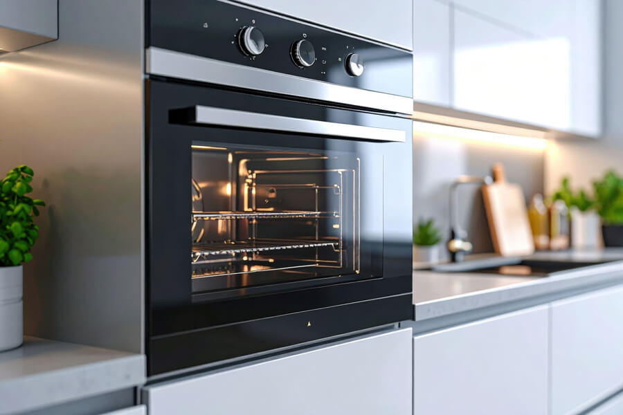 Kundendienst und Service Hausgeräte in Hildesheim | Moderner schwarzer Einbauofen in weißer Küche