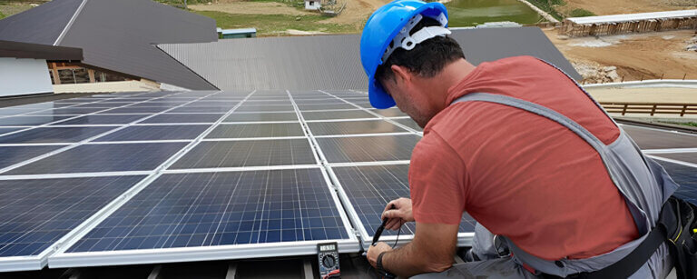 Energetische Sanierung Solar Wärmepumpen Plön | Installation von Solarpanelen auf einem Dach