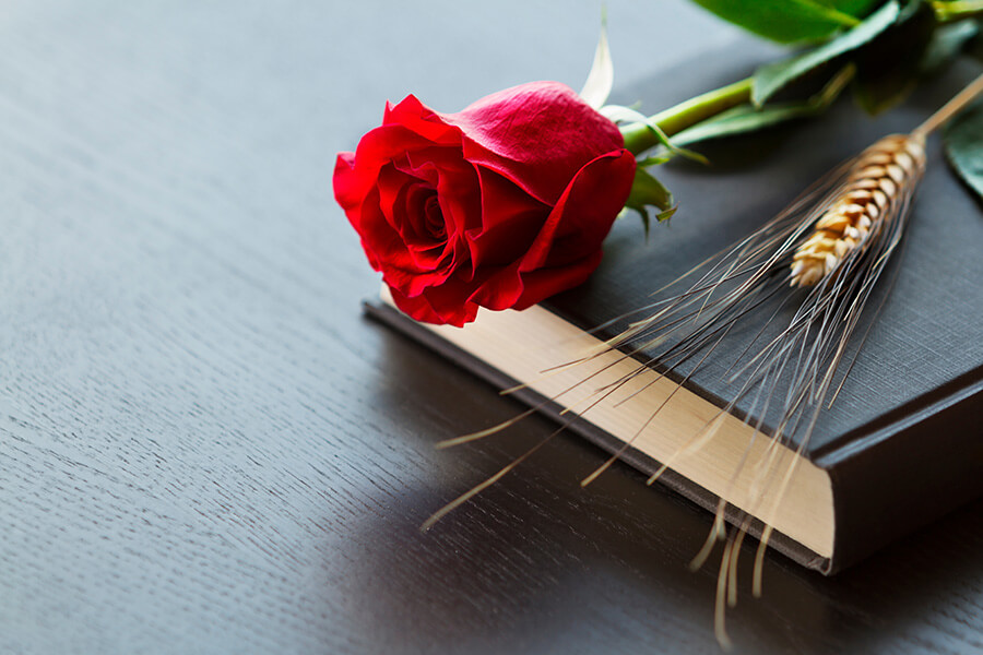 Bestattungsvorsorge für Trappenkamp und Umgebung | Eine rote Rose und Getreideähren auf einem Buch symbolisieren den Abschied und die Erinnerung an Verstorbene